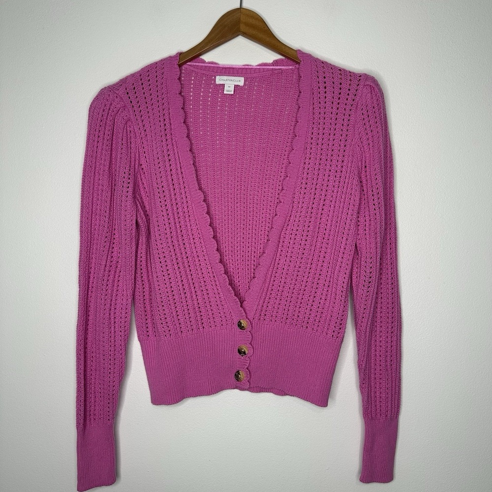Charter Club Open Knit Cardigan Sweater Size M Pink Cottagecore V Neck
